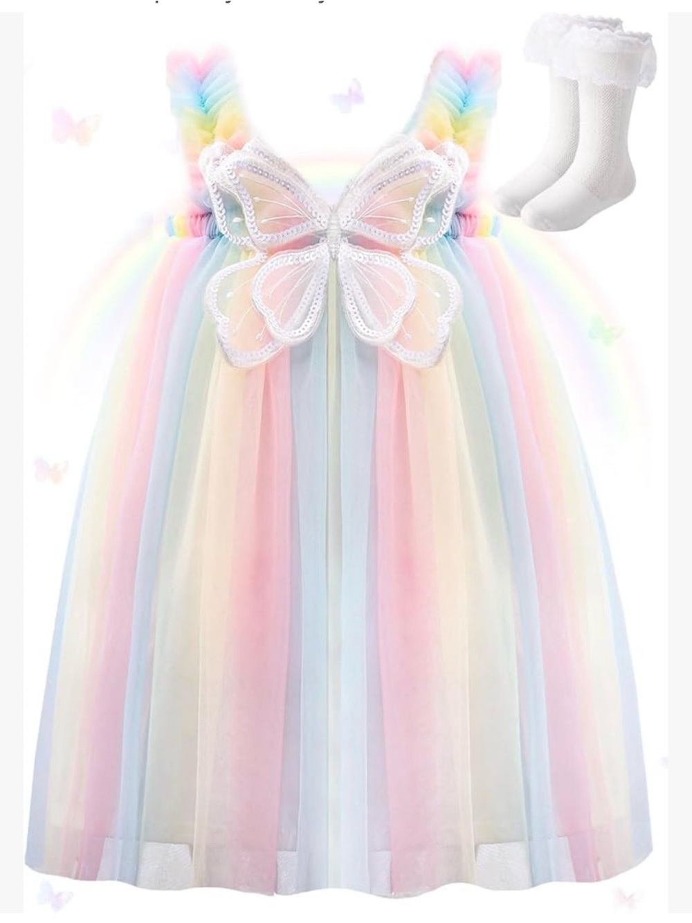 Rainbows Pastel Tulle Butterfly Dress with Ruffle Socks